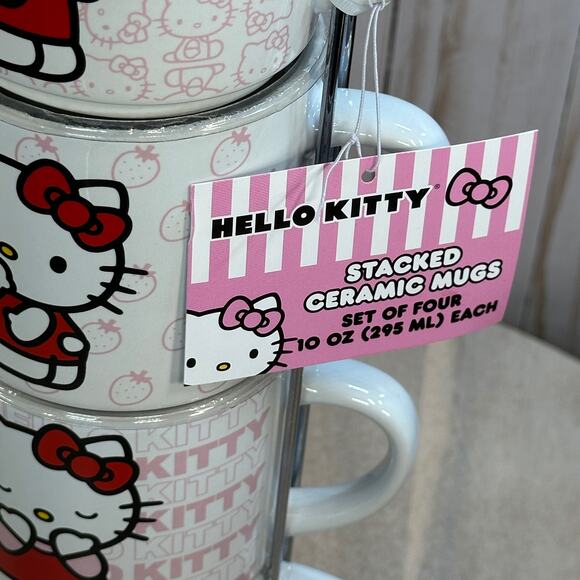Hello Kitty Stackable Ceramic Mug Set of 4 with Metal Rack Sanrio NEW Cute - Picture 3 of 16